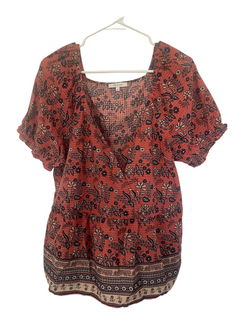 Madewell Rust Floral Border V-Neck Top